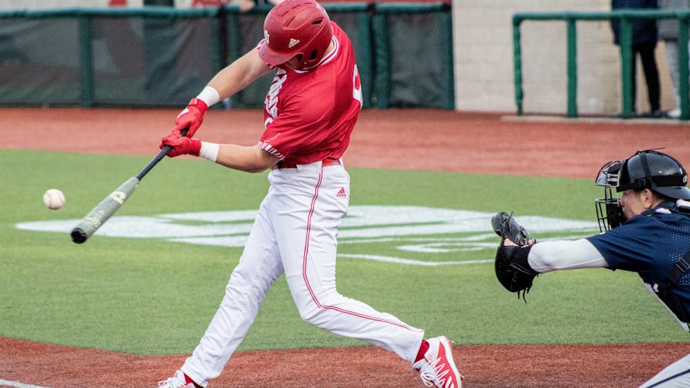 Sophomore outfielder Grant Richardson swings at a pitch against Penn State on Saturday at Barf Kaufman Field. Richardson led the Hoosiers to a win Sunday with a walk-off home run to beat Penn State at home. 