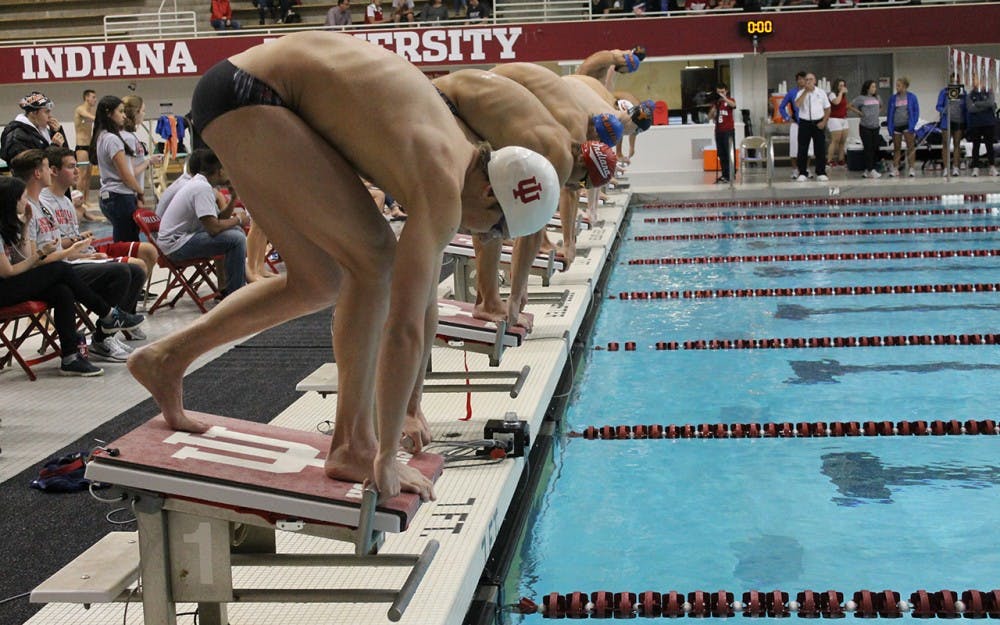 Indiana, Texas and Florida swimmers prepare to race. IU hosted the Florida Gators and Texas Longhorns for a swimming and diving meet on Friday and Saturday.