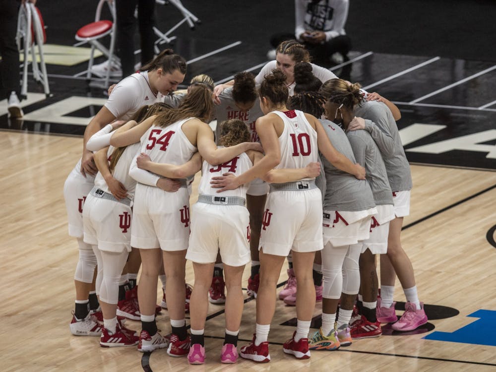 The IU women&#x27;s basketball team huddles before the start of the game March 11 in the quarterfinals of the Big Ten women&#x27;s basketball tournament at Bankers Life Fieldhouse in Indianapolis. The Hoosiers will play Virgina Commonwealth University on Monday in the first round of the NCAA Tournament in San Antonio. 