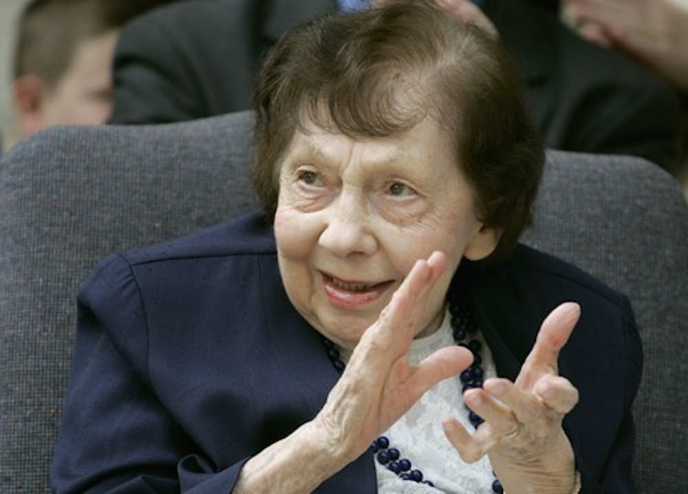 CHRIS MEYER/IU COMMUNICATIONS -- Helen Clouse has served the students of the Jacobs School of Music for nearly a half century.She celebrated her 100th birthday with family and friends as a plaza was dedicated to her name outside a music practice facility off Third Street.