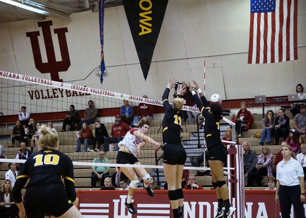 Freshman outside hitter Kamryn Mallory earns a kill against the Iowa Hawkeyes last week at the University Gym in Bloomington. IU lost 3-0 to No. 11 Wisconsin on Friday, dropping IU to 0-8 in conference play this season. &nbsp;