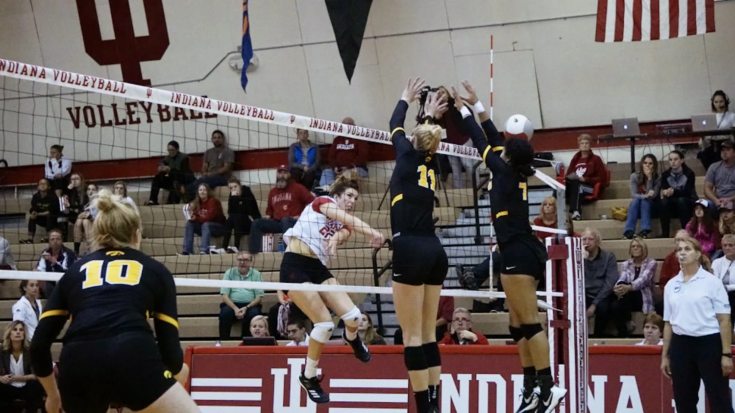 Freshman outside hitter Kamryn Mallory earns a kill against the Iowa Hawkeyes last week at the University Gym in Bloomington. IU lost 3-0 to No. 11 Wisconsin on Friday, dropping IU to 0-8 in conference play this season. 
