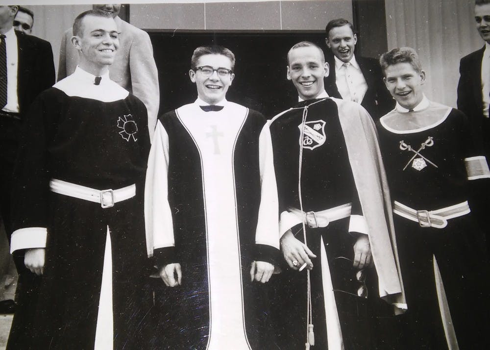 Officers stand left to right in 1956: Ralph Wible, Harold Leininger II, Jim Soukup and Neil Morehead. Leininger says he thinks the IU chapter of Sigma Nu no longer has the same mission and vision as when he was a member.