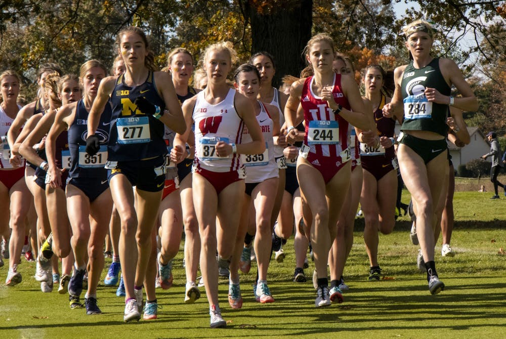 <p>IU sophomore Bailey Hertenstein races ahead Nov. 3 in the Big Ten Championship at Ohio State University Golf Club. The IU women&#x27;s cross-country team finished sixth Friday at the Great Lakes Regional.</p>