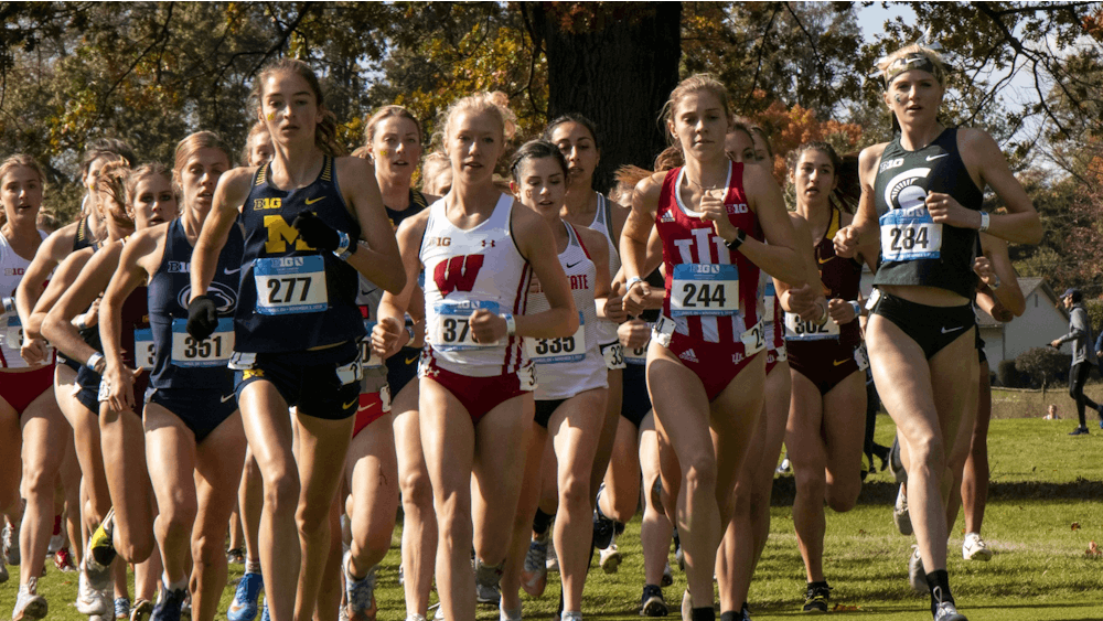IU sophomore Bailey Hertenstein races ahead Nov. 3 in the Big Ten Championship at Ohio State University Golf Club. The IU women&#x27;s cross-country team finished sixth Friday at the Great Lakes Regional.