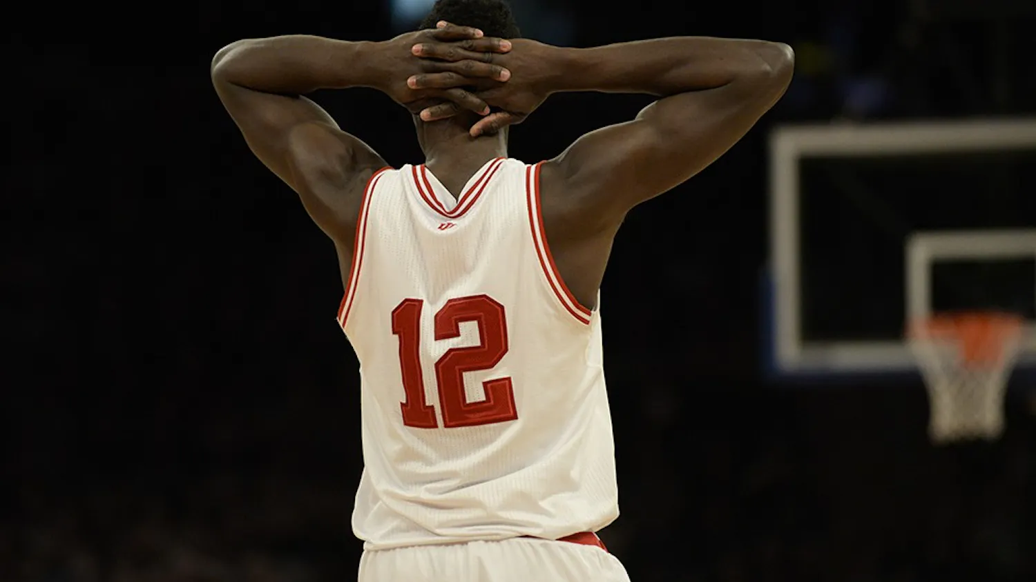 Junior Hanner Mosquera-Perea holds his head after being called for a foul in the second half of IU's game against Georgetown on Saturday at Madison Square Garden in New York City.
