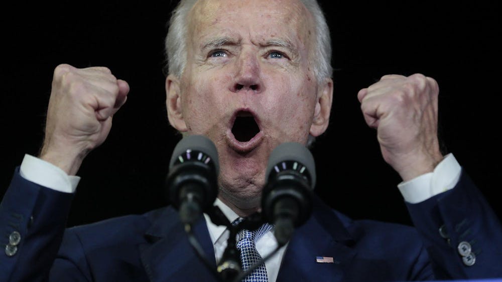 Democratic presidential candidate Joe Biden reacts to Super Tuesday voting results March 3 in the Baldwin Hills Recreation Center in Los Angeles.