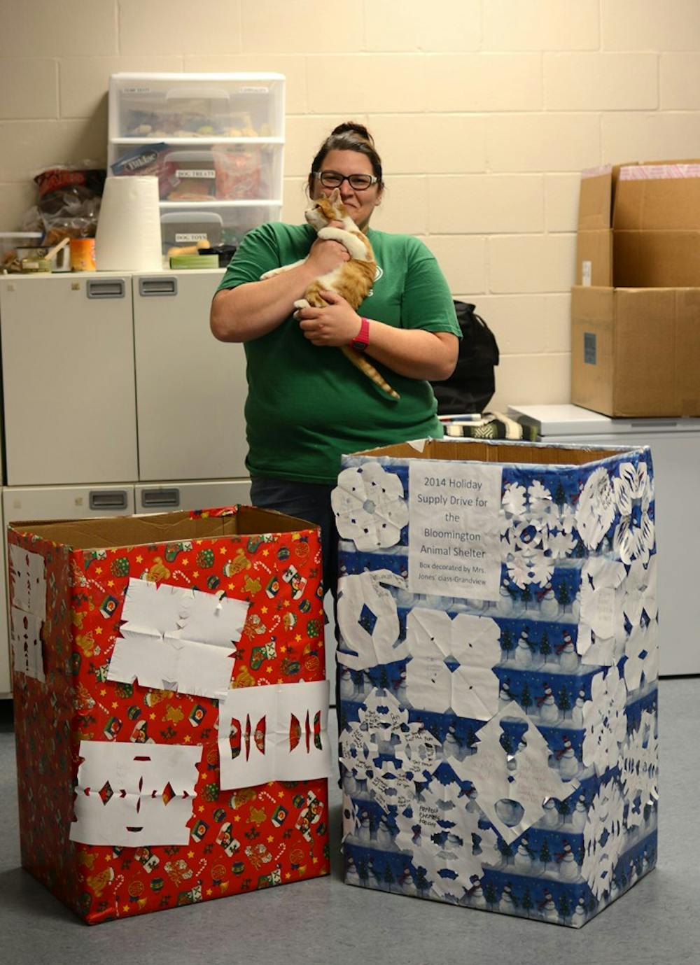 Jenny Gibson, volunteer coordinator of Bloomington Animal Shelter, stands behind donations boxes volunteers have been working on for the Holiday Pet Supply Drive. Donation boxes will be put into multiple locations around Bloomington, including City Hall, Bloomingfoods and Kroger stores to gather more supplies starting Monday.