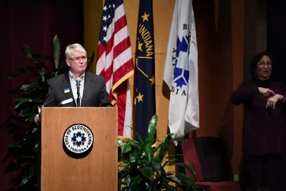 <p>Mayor John Hamilton gave his seventh State of the City address Feb. 24, 2022, at the Buskirk-Chumley Theater. Hamilton discussed the situation in Ukraine during his address. </p>