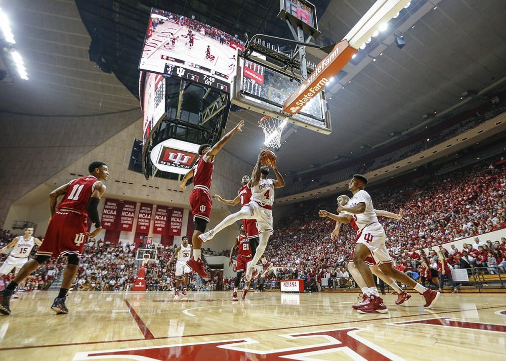 Senior guard Robert Johnson goes up for a layup during the Hoosier Hysteria scrimmage on Oct. 21. Johnson is one of several IU men's basketball seniors in their final year with the program.