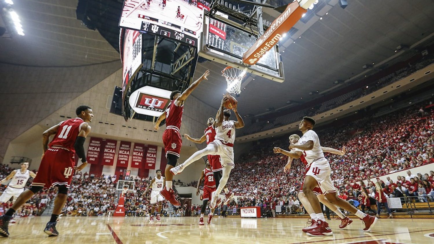 Senior guard Robert Johnson goes up for a layup during the Hoosier Hysteria scrimmage on Oct. 21. Johnson is one of several IU men's basketball seniors in their final year with the program.