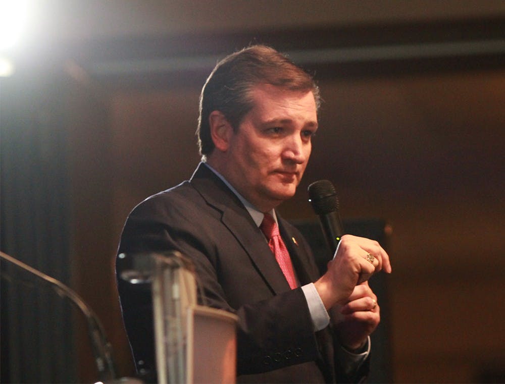 Presidential candidate Sen. Ted Cruz addresses a sold-out crowd at the Indiana Republican Spring Dinner Thursday at the Primo's Banquet Center.