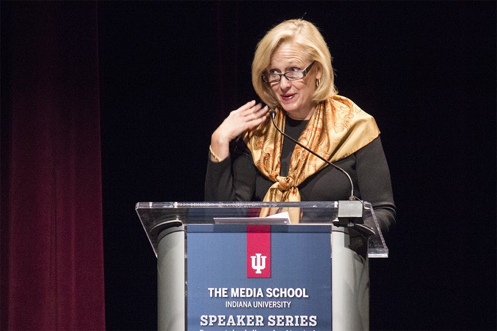 Paula Kerger, President and CEO of PBS, speaks about the future of public media during a lecture on Tuesday night at the Buskirk-Chumley Theater. 