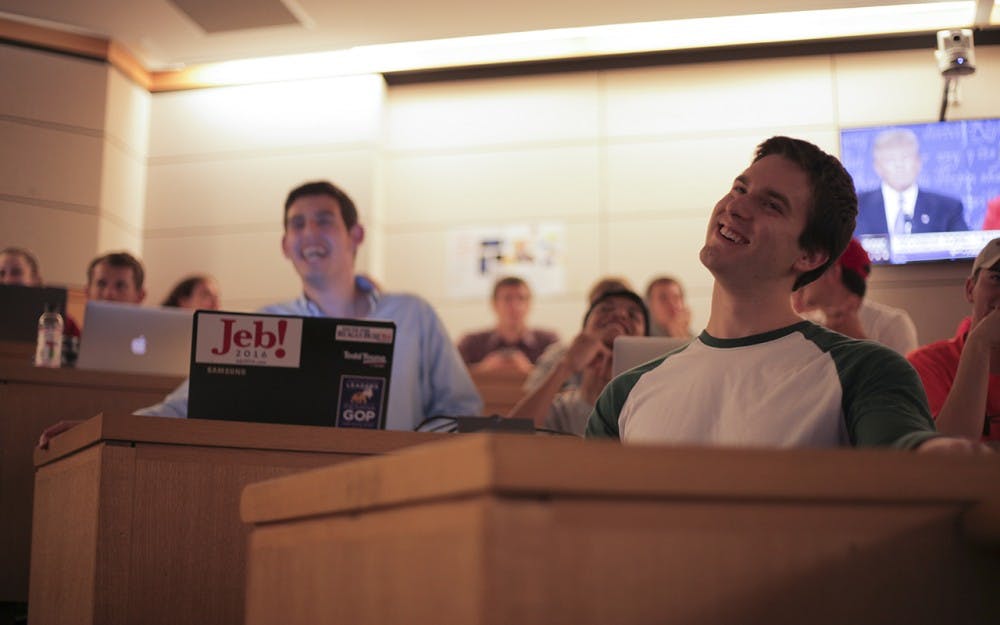 The IU Campus Republicans watch the first 2016 presidential debate at the Kelley School of Business.  The campus republicans have not endorsed the republican nominee, Donald Trump. 