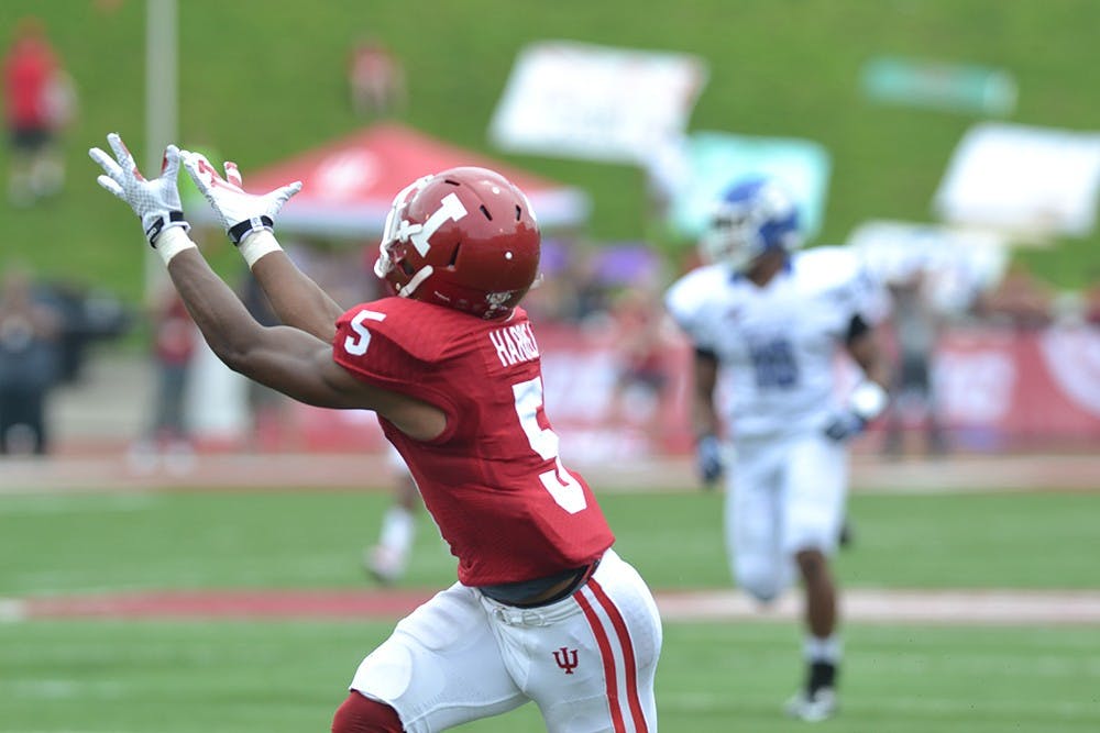 Freshman wideout J-Shun Harris reaches for a catch against Indiana State. Harris has quickly climbed up the IU depth chart in the opening weeks of the season.