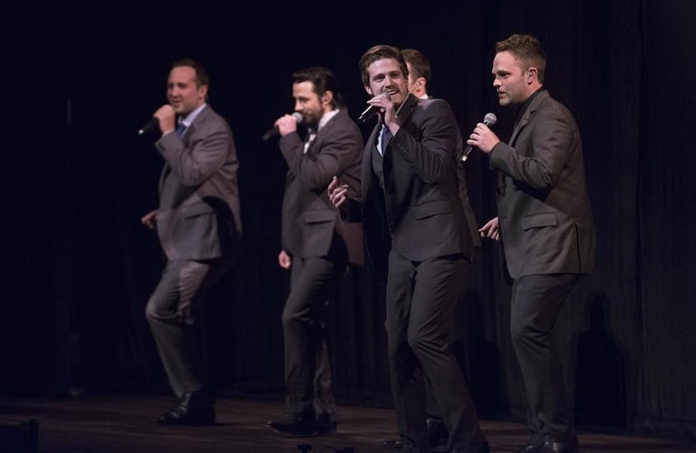 Acappella groups Under the Streetlamp and Genteman's Rule perform various styles of songs at the IU Auditorium on Thursday. 
