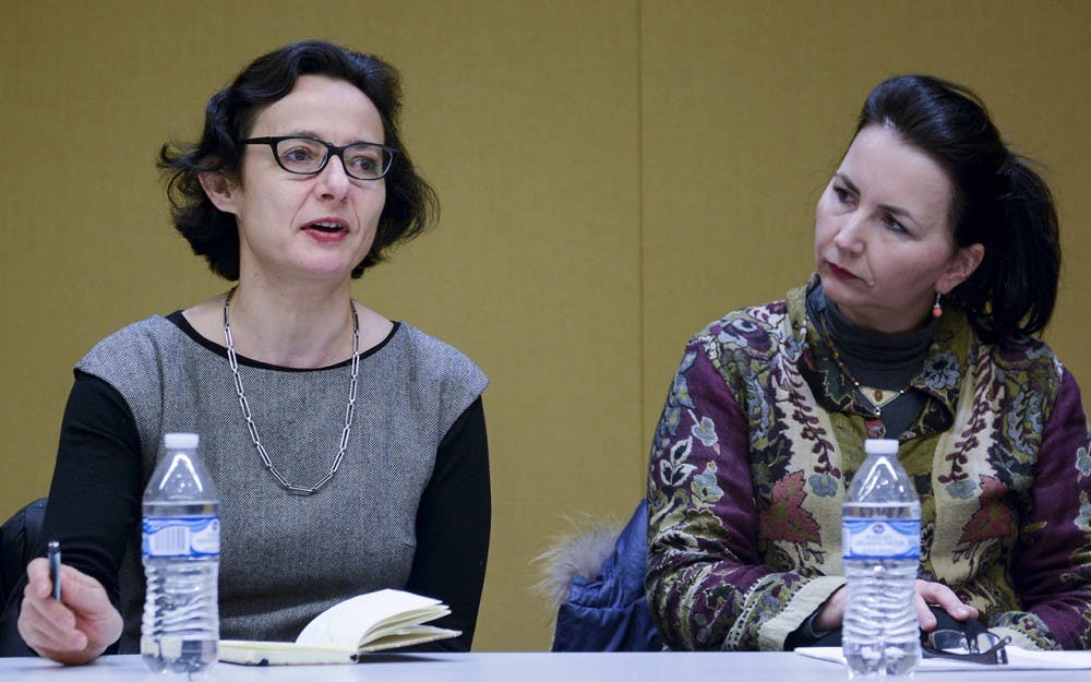 From Left, Maria Bucur, Professor of Eastern European History and Gender Studies and Joanna Nizynska, Director of the Polish Studies Center and Associate Professor in the Department of Slavic and East European Languages and Cultures, lead the presentation at "On Anti-Genderism in Europe: A Conversation with IU Faculty and Agnieszka Graff" Wednesday noon at the Global and International Studies Building. 