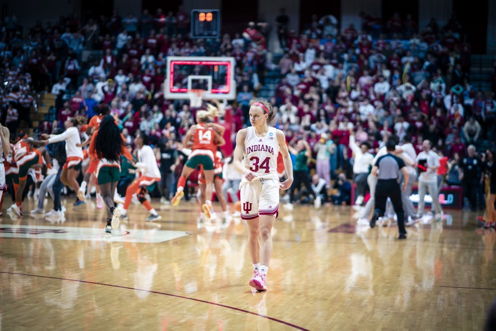 <p>Graduate senior guard Grace Berger seen at the final buzzer March 20, 2023, at Simon Skjodt Assembly Hall in Bloomington. Miami defeated Indiana 70-68.</p>
