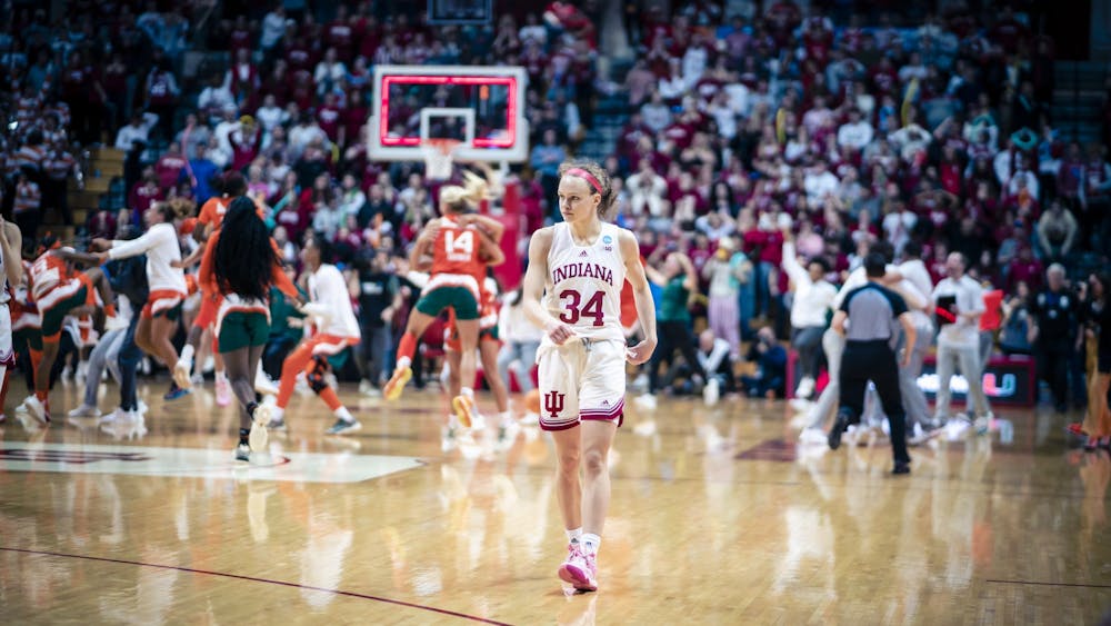 Graduate senior guard Grace Berger seen at the final buzzer March 20, 2023, at Simon Skjodt Assembly Hall in Bloomington. Miami defeated Indiana 70-68.