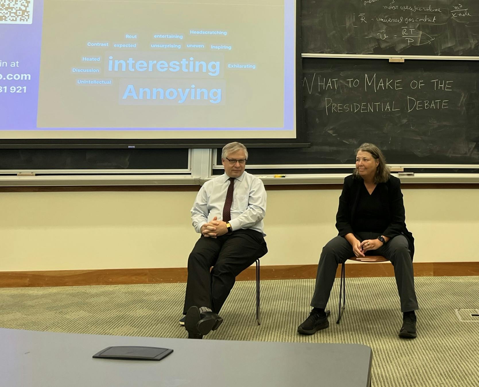 COURTESY OF BERNADETTE KIM
Perrin and Brammer provided analysis of the debate strategies and the topics discussed by the candidates.&nbsp;