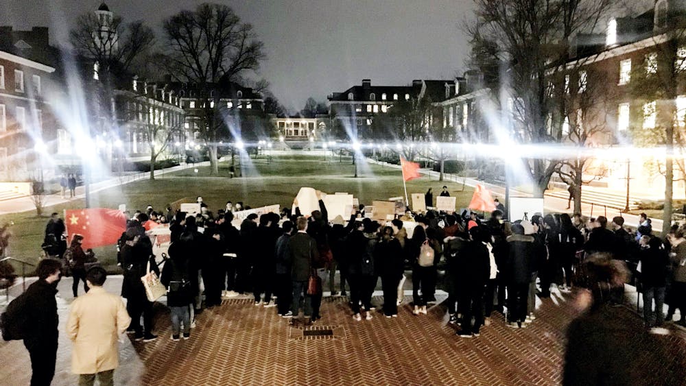 COURTESY OF EMILY MCDONALD
About 100 people gathered outside of Shriver Hall to protest Wong and Law's views.