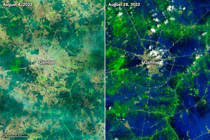 COURTESY OF NASA / PUBLIC DOMAIN
Satellite images from NASA show that cities like Qambar are heavily inundated.