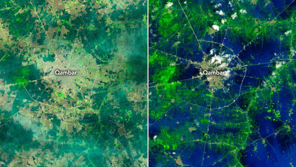 COURTESY OF NASA / PUBLIC DOMAIN
Satellite images from NASA show that cities like Qambar are heavily inundated.
