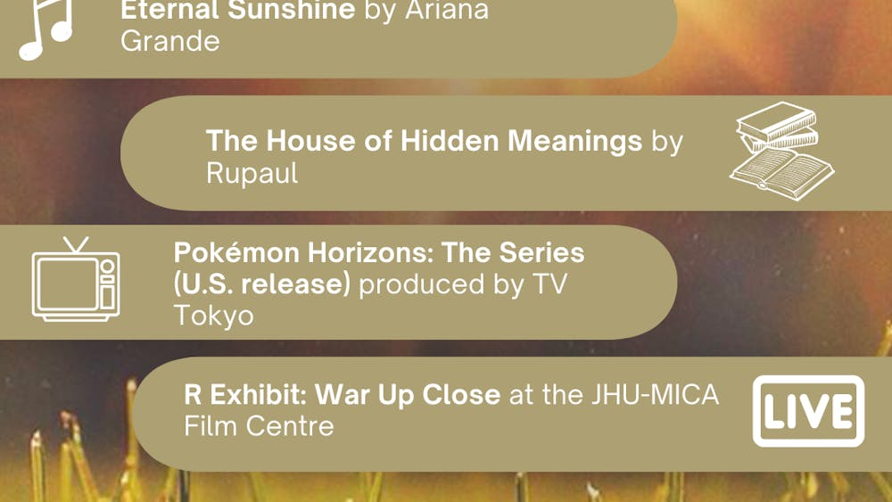 ARUSA MALIK / DESIGN AND LAYOUT EDITOR
This week’s picks include Pokémon Horizons: The Series, released by TV Tokyo, The House of Hidden Meanings by Rupaul, Eternal Sunshine by Ariana Grande and a VR Exhibit, titled “War Up Close” at the JHU-MICA Film Centre. 