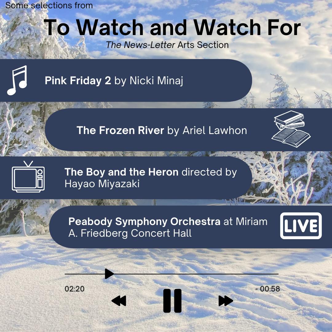 ARANTZA GARCIA / DESIGN AND LAYOUT EDITOR&nbsp;
This week’s picks include the latest Studio Ghibli film from Hayao Miyazaki, The Boy and the Heron, a historical mystery novel called The Frozen River by Ariel Lawhon, the Pink Friday 2 sequel album from award-winning rapper Nicki Minaj and the Peabody Symphony Orchestra performing Vivaldi, Liszt and Brahms at Miriam A. Friedberg Concert Hall.&nbsp;