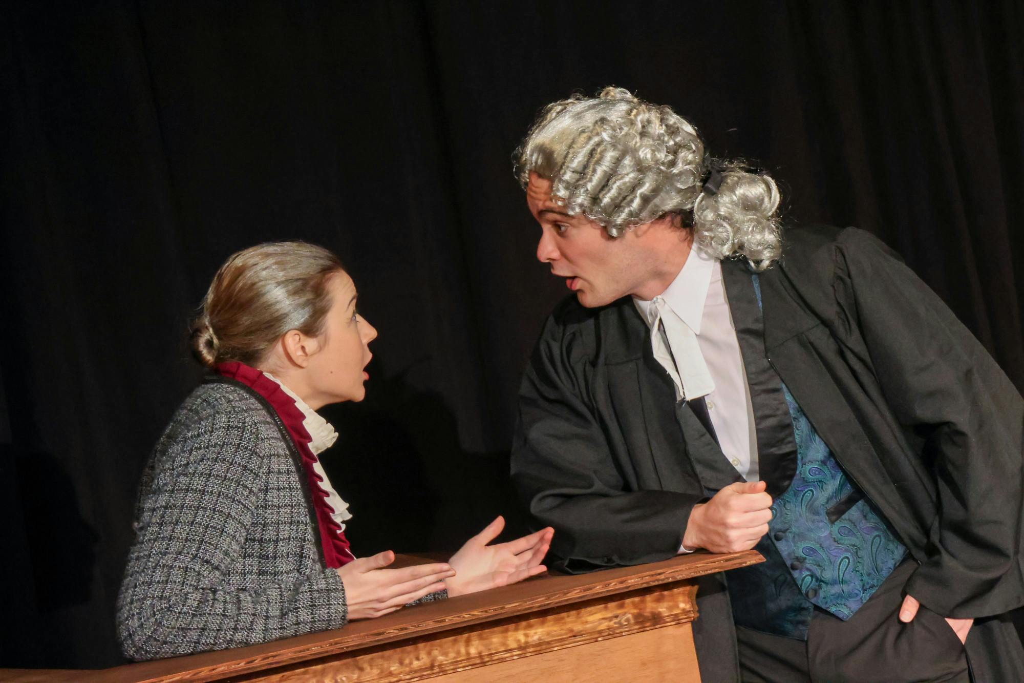 STEVEN SIMPSON / PHOTO EDITOR&nbsp;
Mikey Pacitti as prosecutor Mr. Myers interrogates witness Janet (Lindsay Nelson) in the Barnstormers’ production of Witness for the Prosecution.