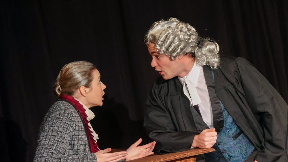 STEVEN SIMPSON / PHOTO EDITOR&nbsp;
Mikey Pacitti as prosecutor Mr. Myers interrogates witness Janet (Lindsay Nelson) in the Barnstormers’ production of Witness for the Prosecution.