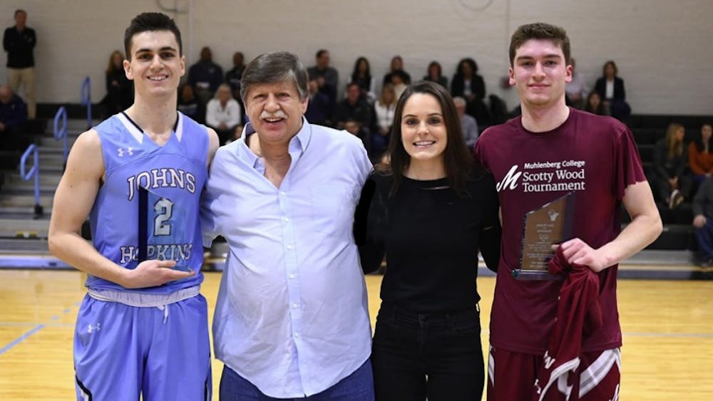 HOPKINSSPORTS.COM
The Blue Jays beat the Muhlenberg Mules in the annual Wall-O’Mahony game, with a score of 82-73.