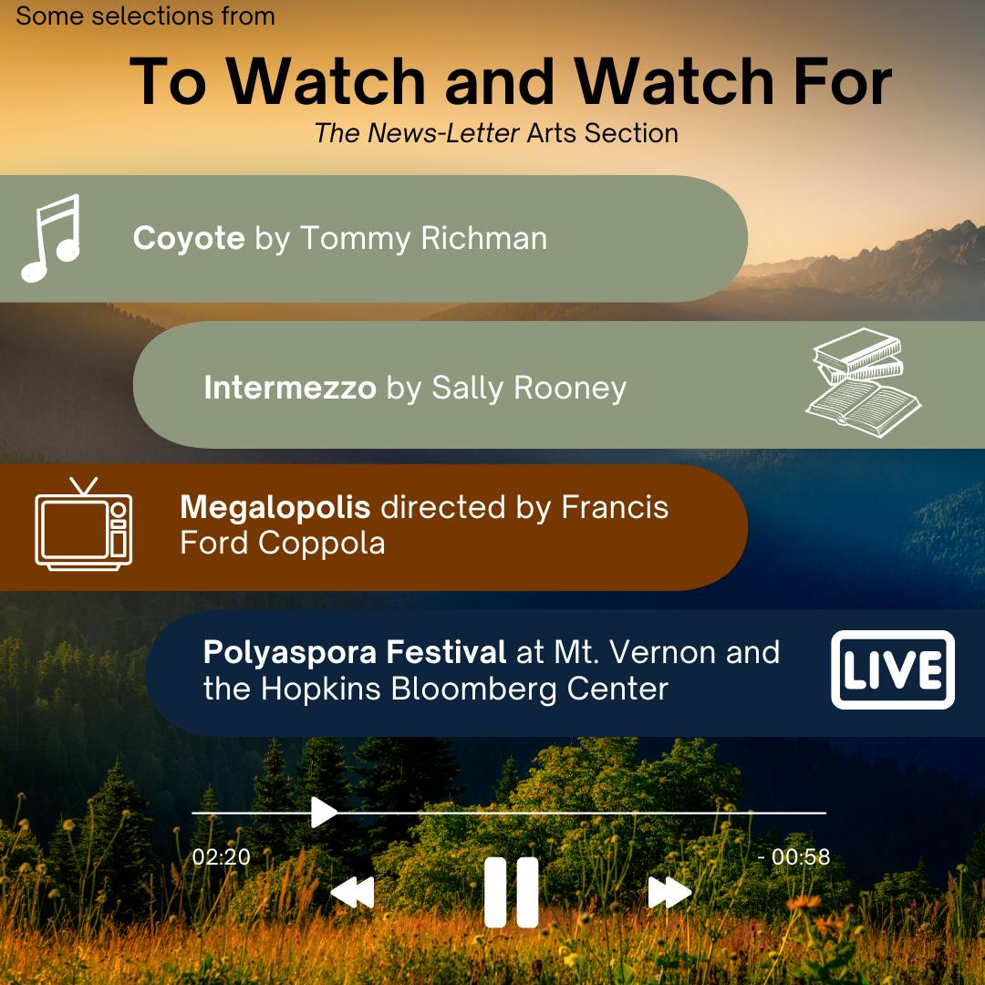 COURTESY OF AIMEE CHO
This week’s picks include the the new novel, Intermezzo, by Sally Rooney, the album debut of Coyote by rapper-singer Tommy Richman, and the monumental Polyaspora Festival hosted by the Peabody Institute, which will feature performances by new composers at both the Johns Hopkins Mt. Vernon campus in Baltimore and the Bloomberg Center at 555 Pennsylvania Avenue.