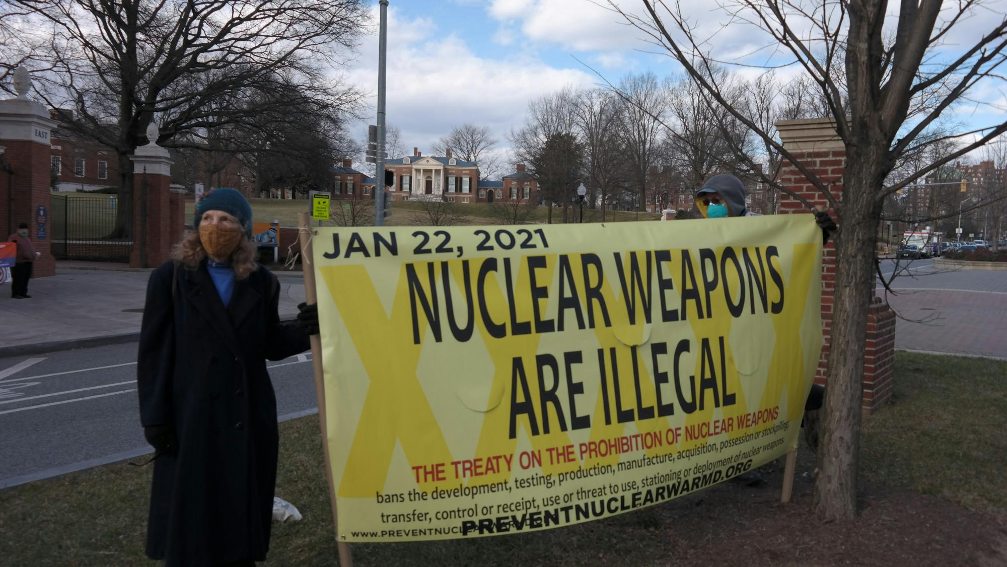COURTESY OF CHRIS H. PARK
Protesters called on Hopkins to declassify APL research and cancel nuclear weapons contracts with the Defense Department.