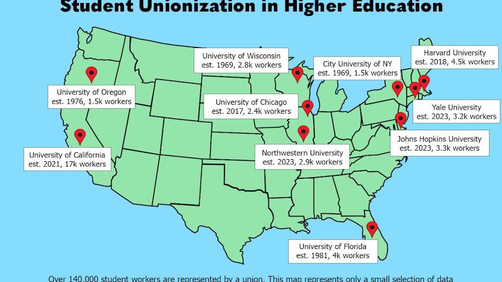 JOHN D’CRUZ / GRAPHICS EDITOR
Unionization across higher education institutions reflects evolving ideas of who is considered a worker.