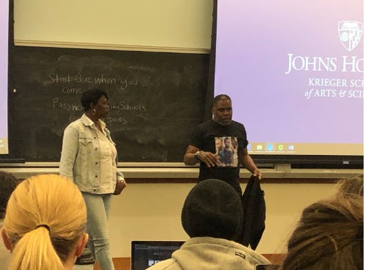 COURTESY OF LEELA GEBO.
Phillip Leaf’s class, Lectures on Public Health and Well-Being in Baltimore, heard from victims of gun violence.