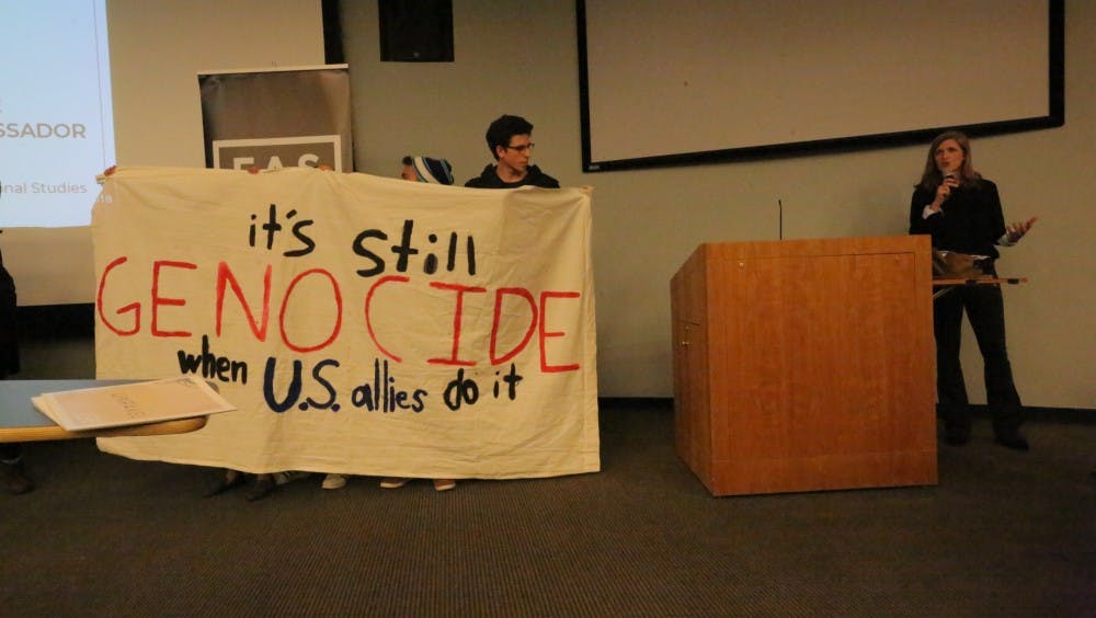 DAVID SAVELIEV/PHOTOGRAPHY STAFF
Demonstrators held a silent protest during Samantha Power’s FAS talk.