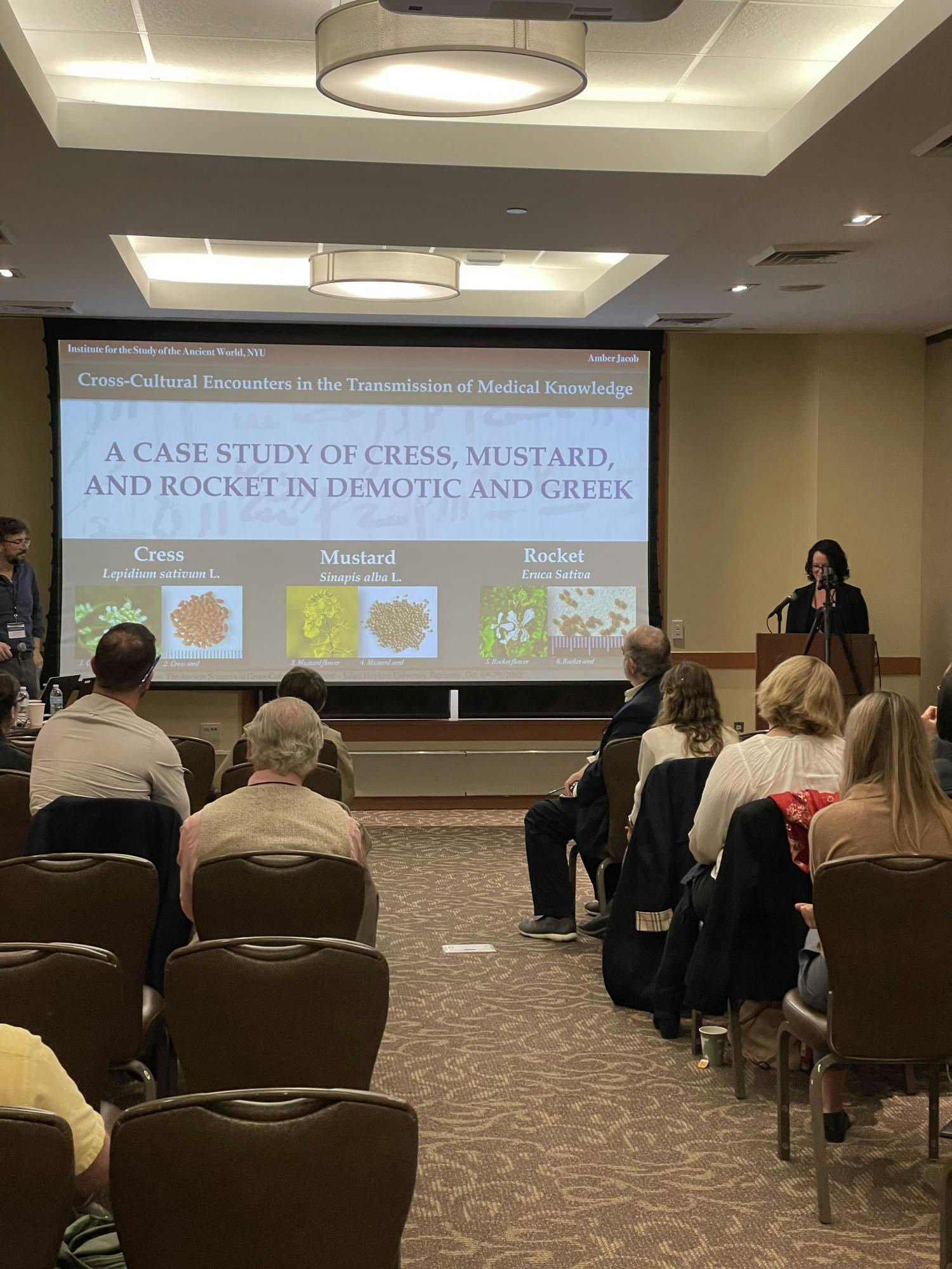 COURTESY OF ZACHARY BAHAR.
Amber Jacobs discusses a treatment involving cress, mustard and rocket found in Greek, Roman and Egyptian sources at the Prescription to Prediction conference.