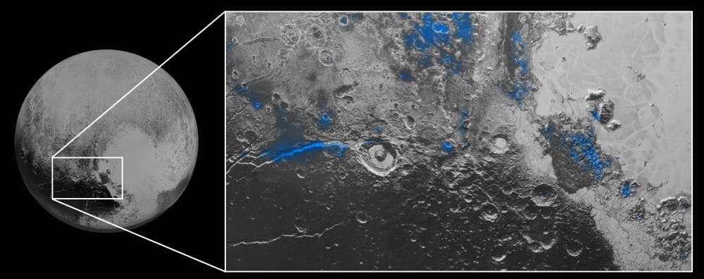  NASA/JHUAPL/SWRI
 Images of Pluto taken by New Horizons show evidence of many regions of exposed water ice on the planet’s surface, highlighted in blue.