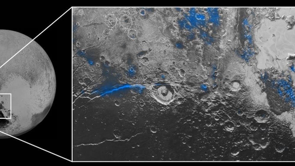  NASA/JHUAPL/SWRI
 Images of Pluto taken by New Horizons show evidence of many regions of exposed water ice on the planet’s surface, highlighted in blue.