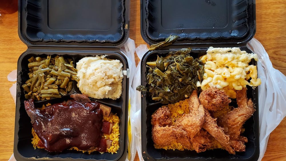 COURTESY OF JESSE WU
The fried chicken platter and the pork rib platter are shown with sides.