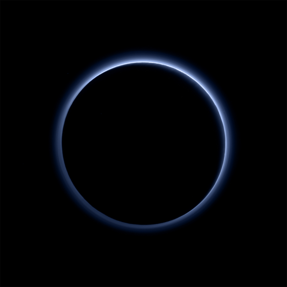 NASA/JHUAPL/SWRI
Pluto’s blue haze is caused by sunlight scattering off of tholins.