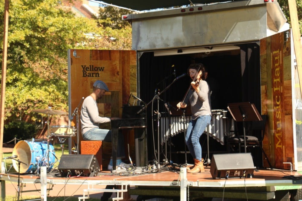 LEON SANTHAKUMAR /Photography Editor
Peabody student percussionists and The Yellow Barn Music Haul performed together on the Freshman Quad.