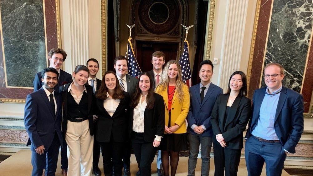 COURTESY OF BRENDON DAVIS
The Science Policy and Diplomacy Group at Hopkins visited the Eisenhower Executive Office Building on a White House visit in 2024 to discuss policy initiatives with the Office of Science and Technology Policy.