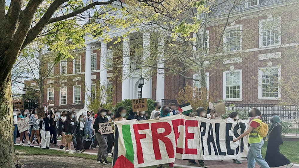 COURTESY OF ABIGAIL TUSCHMAN
On April 28, Hopkins students, affiliates and community members protested in solidarity with the people of Palestine. 