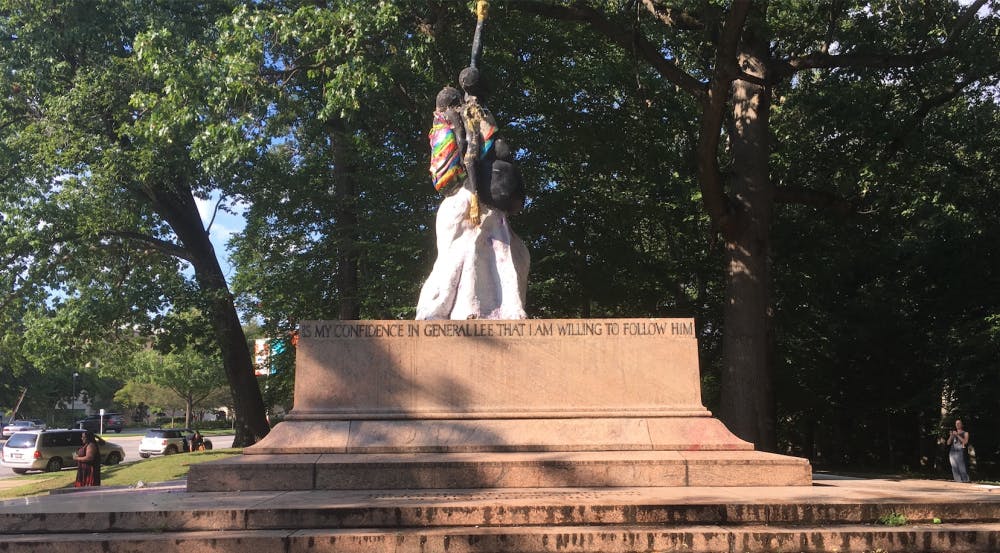 COURTESY OF ROLLIN HU
After the removal of the Lee-Jackson monument, activists placed Madre Luz on the statue’s pedestal. 