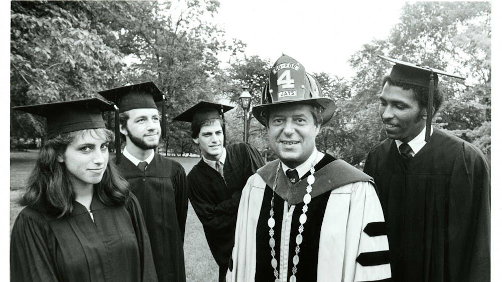 COURTESY OF THE UNIVERSITY ARCHIVES — SHERIDAN LIBRARIES 
Yatchisin covered then-student president Michael Steele, pictured with former University President Steven Muller and Robert Friedman in 1981.