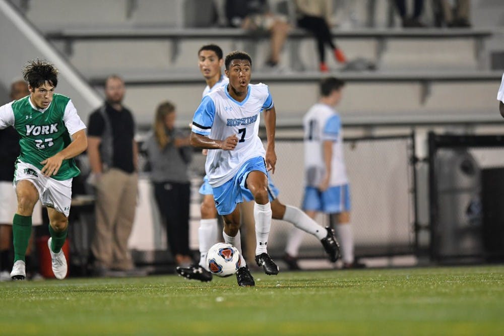 COURTESY OF HOPKINSSPORTS.COM

Junior forward Achim Younker leads the Jays offensively to defeat F&M 4-1.