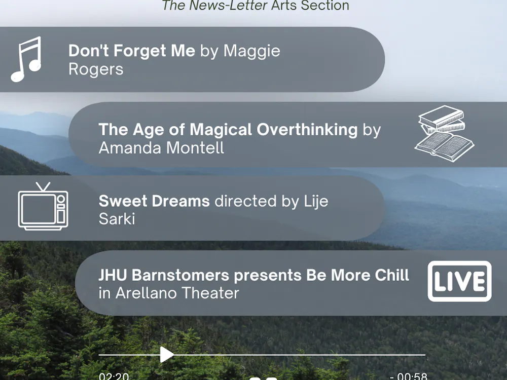 ARUSA MALIK / DESIGN AND LAYOUT EDITOR
This week’s picks include Sweet Dreams by Lije Sarki, The Age of Magical Overthinking by Amanda Montell, Maggie Rogers’ newest studio album, Don’t Forget Me and a JHU Barnstormer’s production of Be More Chill in Arellano Theater. 