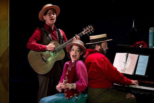 COURTESY OF WILL KIRK
Max Hsu as Chorus/Thailiard (left), Tessa Barcelo as Chorus/Thaisa (center) and music director Ben Shaver (right).